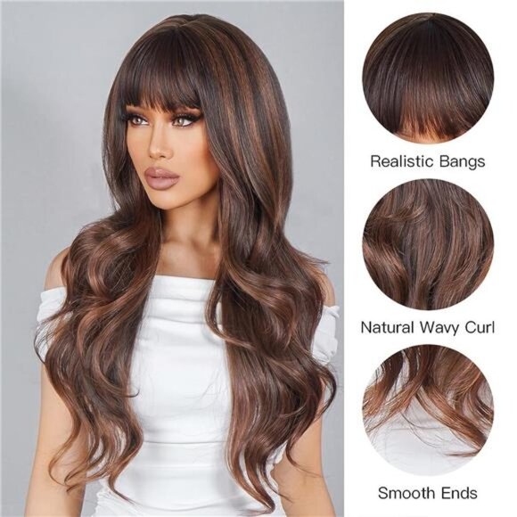 Women Cosplay Daily Natural Hair Wig Heat Resistant Fiber - Brown Mixed Highligh